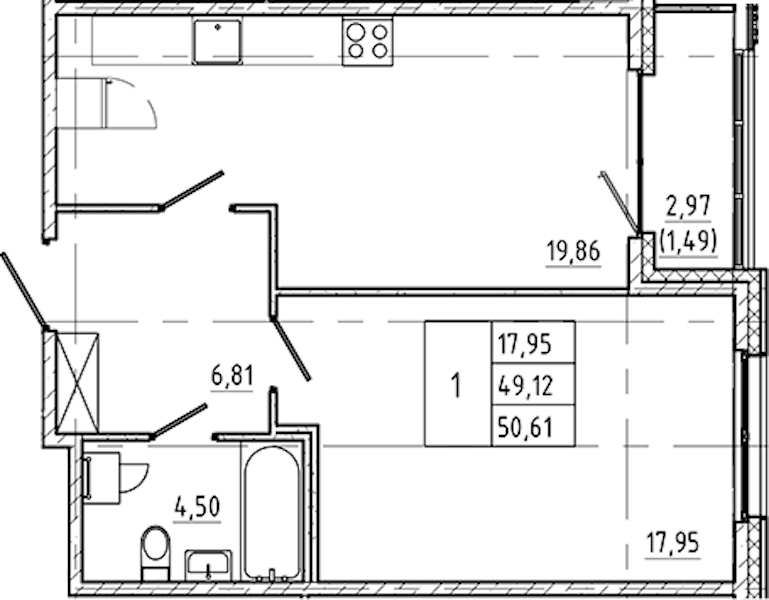 1-комнатная квартира 50.61 м², 2/5 эт., ЖК «Регенбоген»