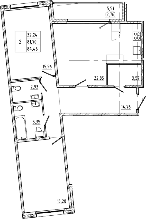 2-комнатная квартира 84.46 м², 2/5 эт., ЖК «Регенбоген»