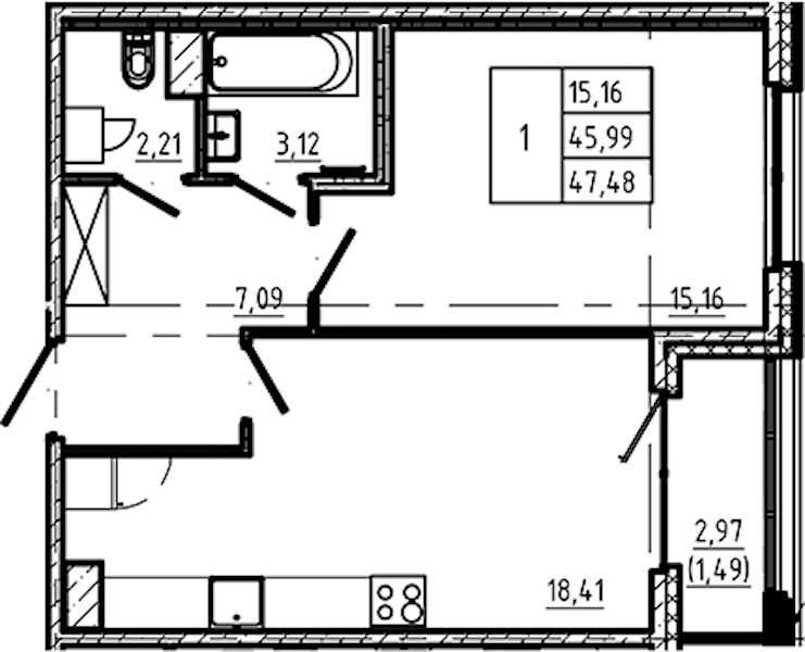 1-комнатная квартира 47.48 м², 3/5 эт., ЖК «Регенбоген»