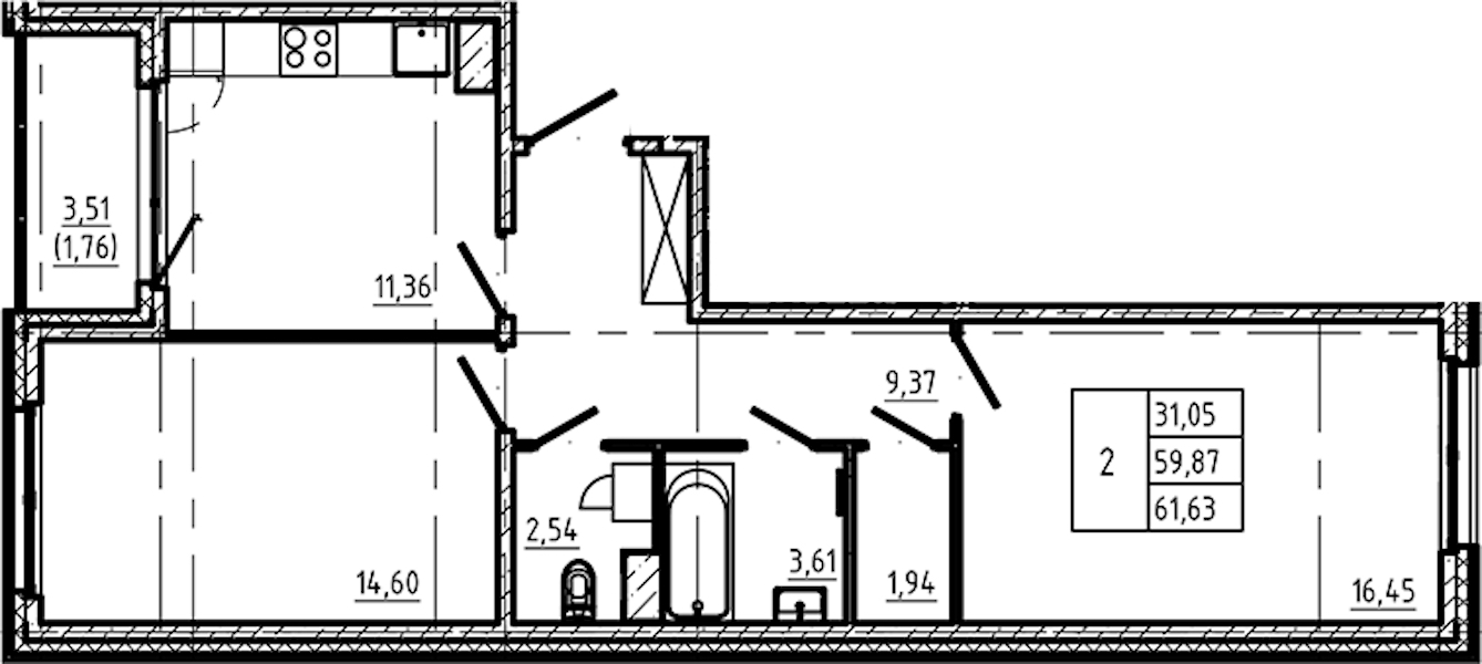 2-комнатная квартира 61.63 м², 3/5 эт., ЖК «Регенбоген»