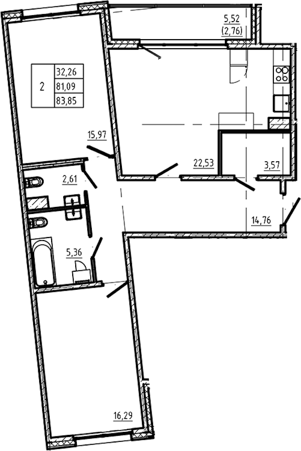 2-комнатная квартира 83.85 м², 3/5 эт., ЖК «Регенбоген»