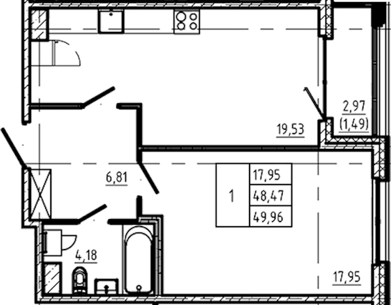 1-комнатная квартира 49.96 м², 4/5 эт., ЖК «Регенбоген»