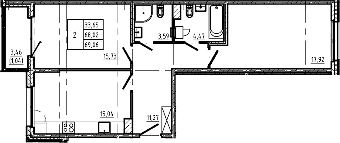 2-комнатная квартира 69.06 м², 5/5 эт., ЖК «Регенбоген»