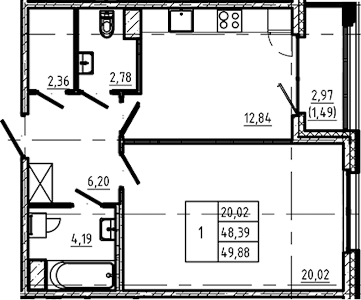 1-комнатная квартира 49.88 м², 5/5 эт., ЖК «Регенбоген»