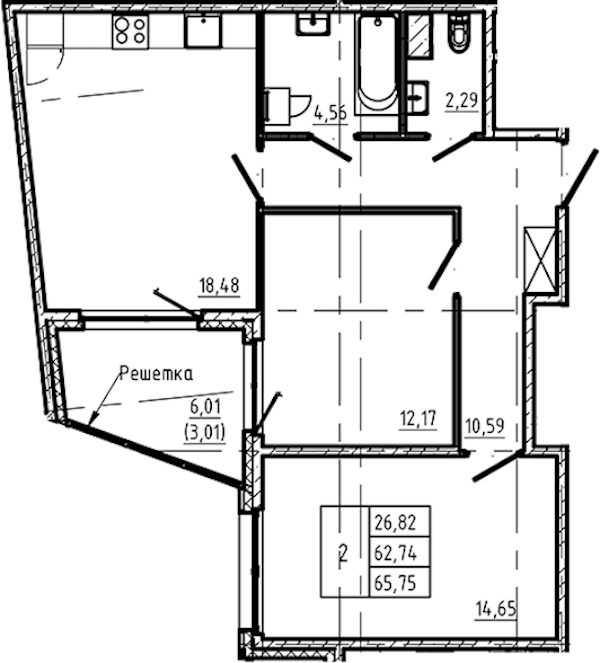 2-комнатная квартира 65.75 м², 5/5 эт., ЖК «Регенбоген»