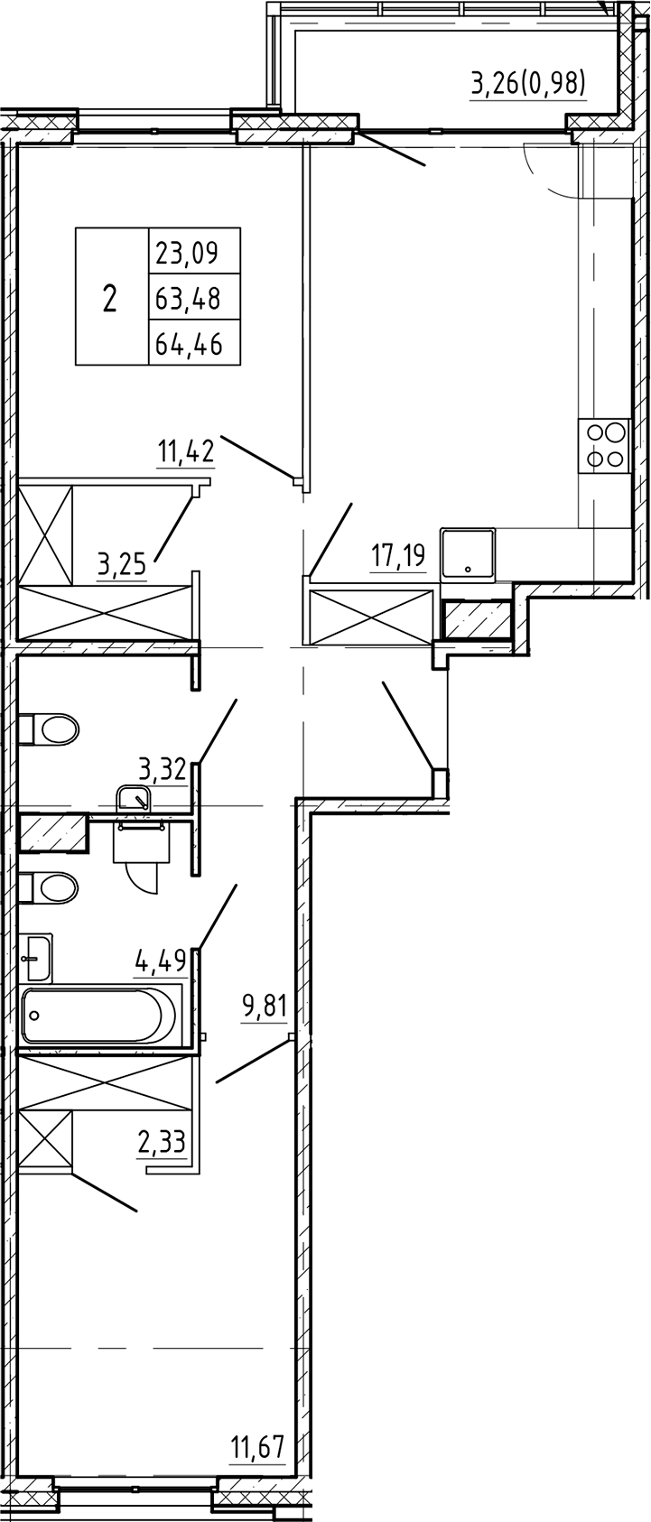 2-комнатная квартира 64.46 м², 5/7 эт., ЖК «Регенбоген»