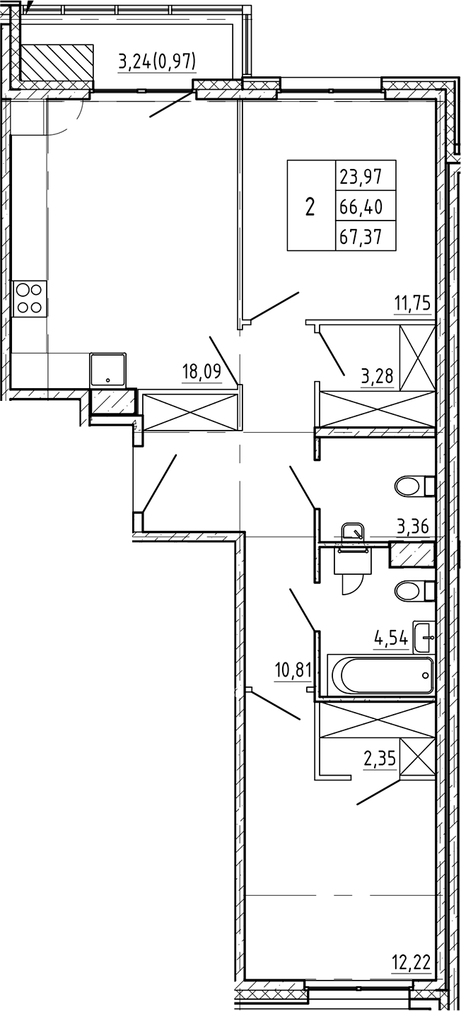 2-комнатная квартира 67.37 м², 6/7 эт., ЖК «Регенбоген»