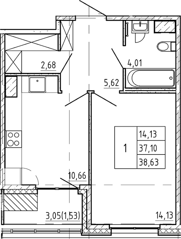 1-комнатная квартира 38.63 м², 6/7 эт., ЖК «Регенбоген»
