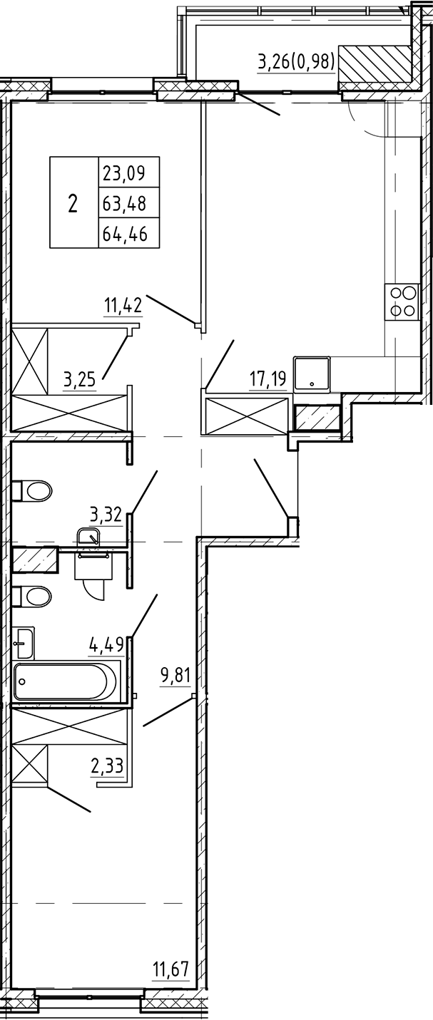 2-комнатная квартира 64.46 м², 6/7 эт., ЖК «Регенбоген»