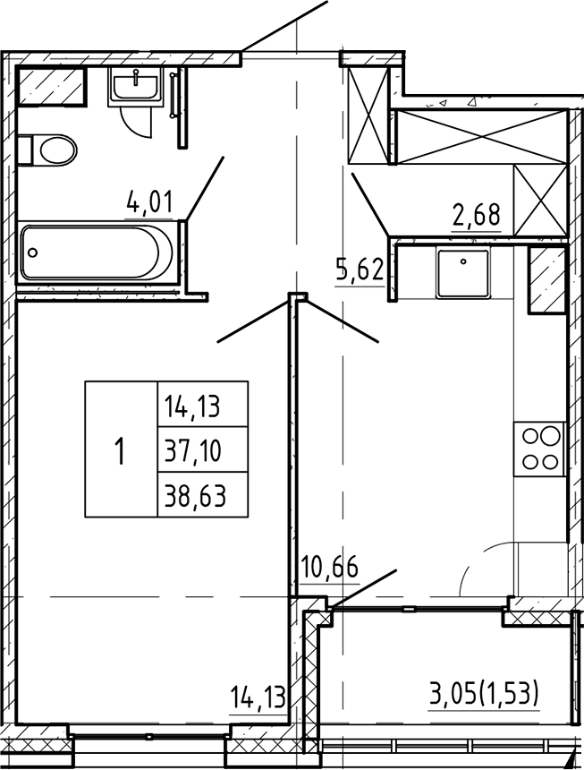 1-комнатная квартира 38.63 м², 3/7 эт., ЖК «Регенбоген»