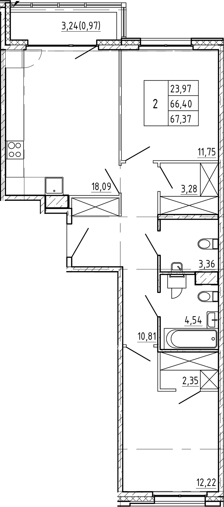 2-комнатная квартира 67.37 м², 4/7 эт., ЖК «Регенбоген»