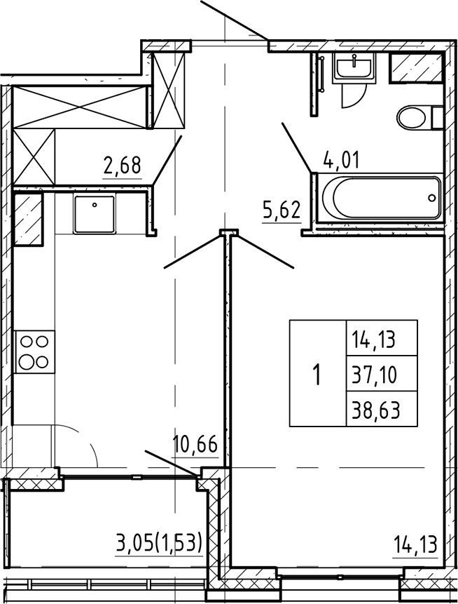 1-комнатная квартира 38.63 м², 4/7 эт., ЖК «Регенбоген»