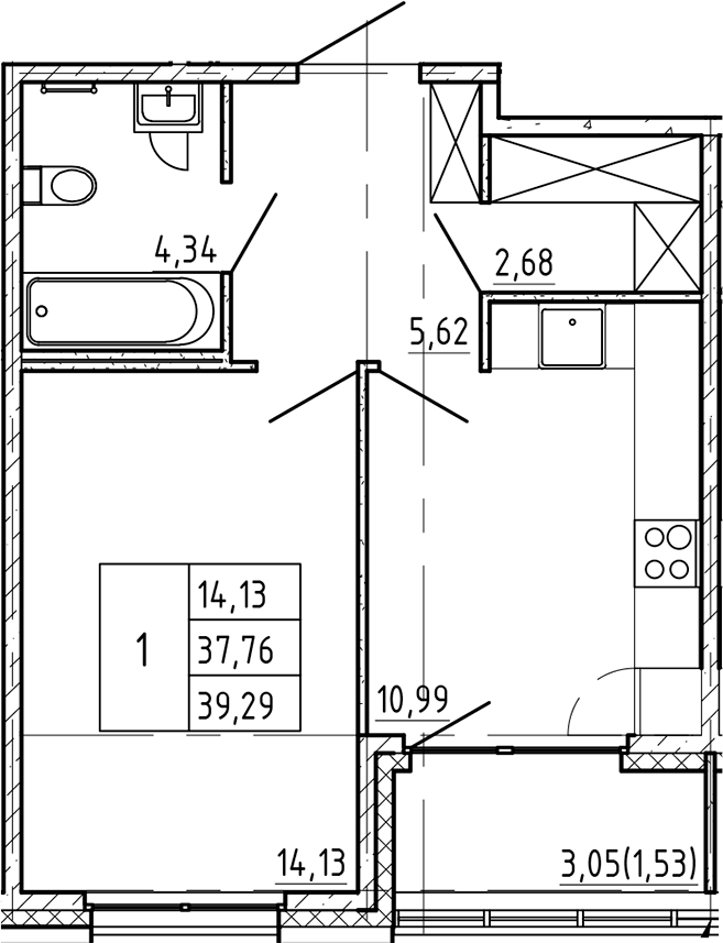 1-комнатная квартира 39.29 м², 2/9 эт., ЖК «Регенбоген»