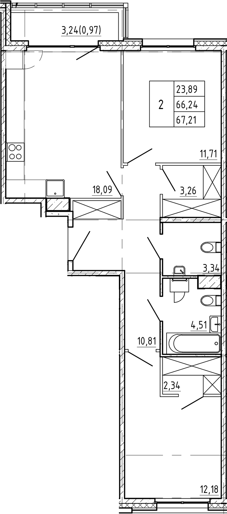 2-комнатная квартира 67.21 м², 4/9 эт., ЖК «Регенбоген»