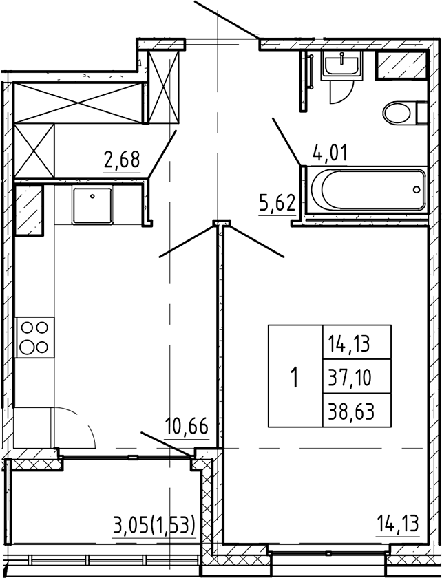 1-комнатная квартира 38.63 м², 4/9 эт., ЖК «Регенбоген»