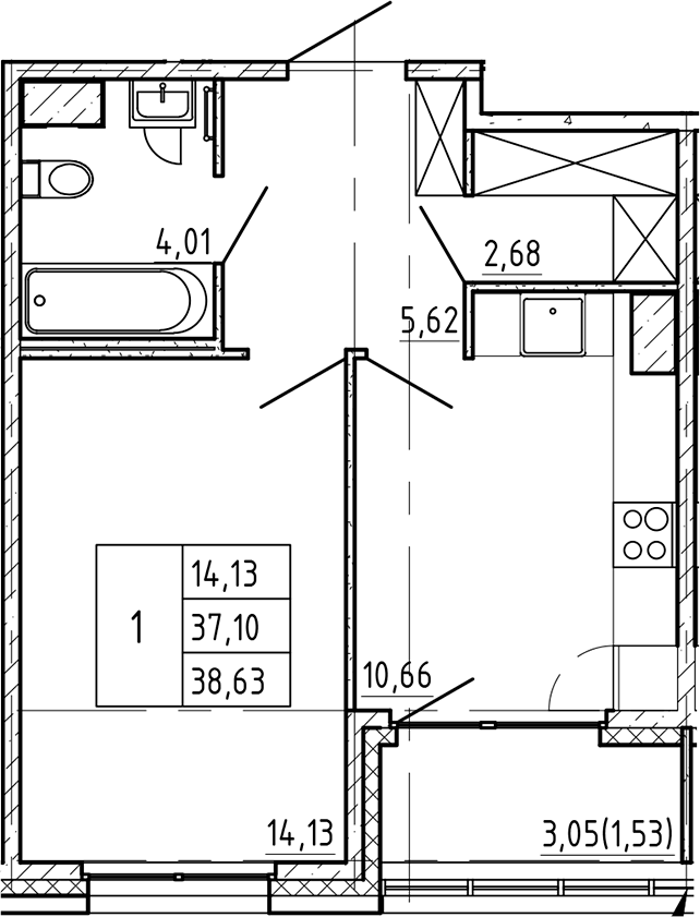 1-комнатная квартира 38.63 м², 4/9 эт., ЖК «Регенбоген»
