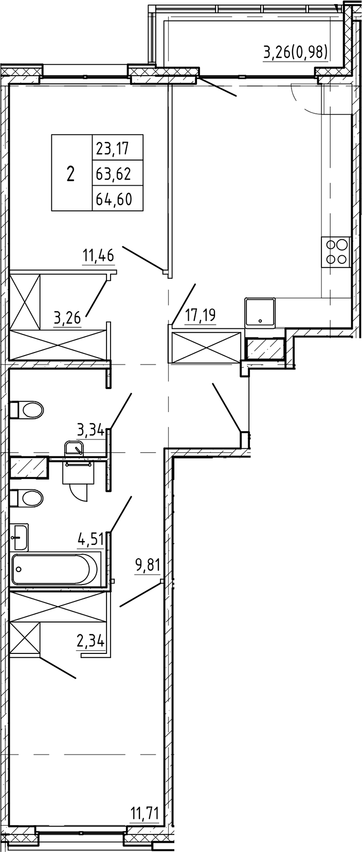 2-комнатная квартира 64.6 м², 4/9 эт., ЖК «Регенбоген»