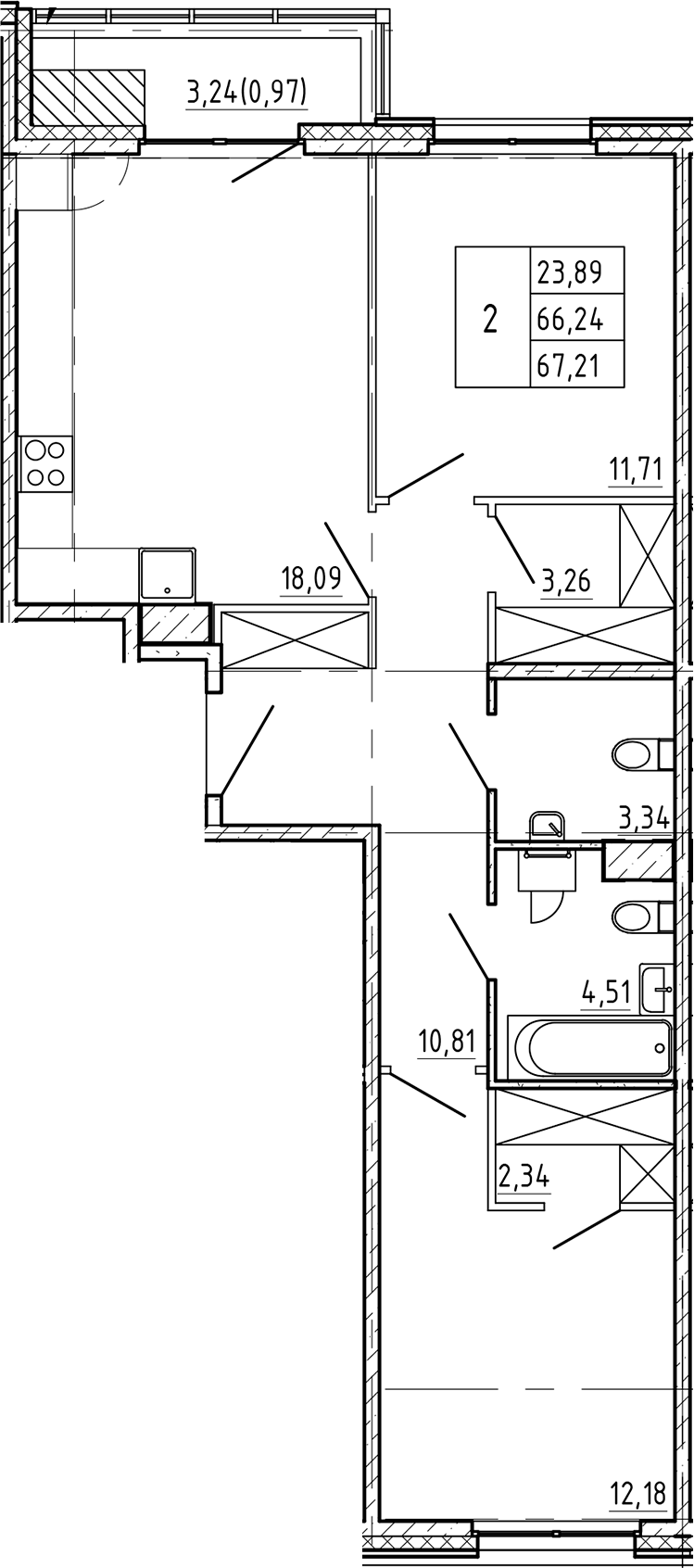 2-комнатная квартира 67.21 м², 6/9 эт., ЖК «Регенбоген»