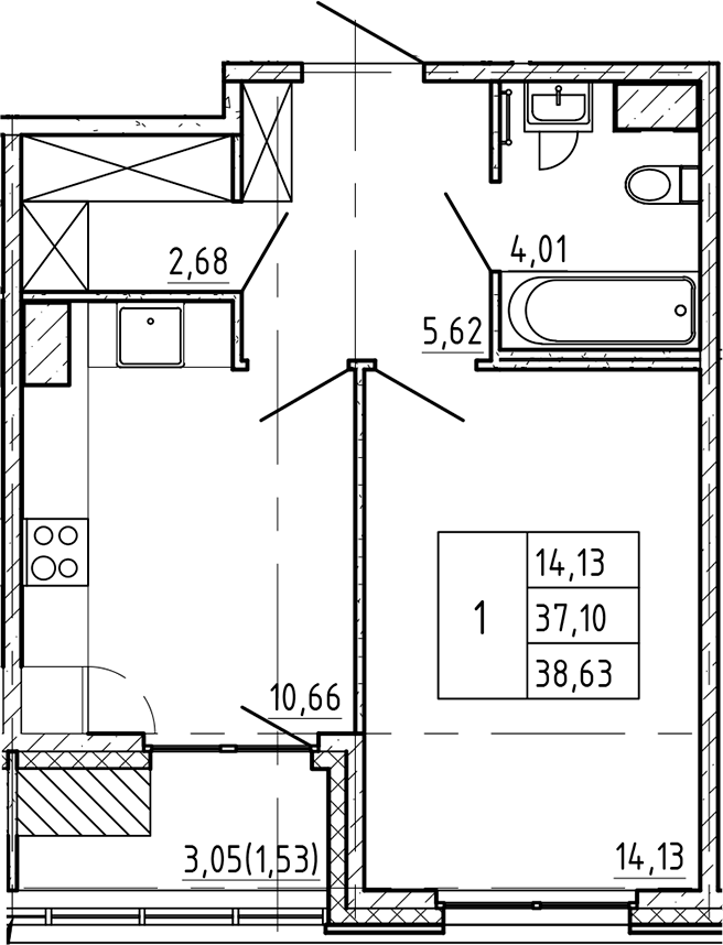 1-комнатная квартира 38.63 м², 6/9 эт., ЖК «Регенбоген»