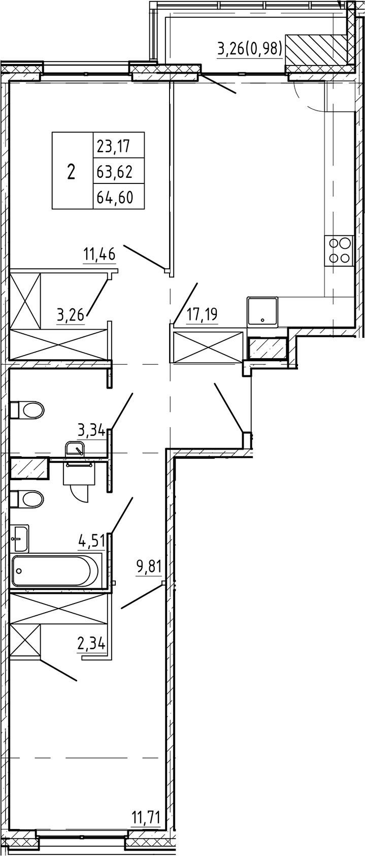 2-комнатная квартира 64.6 м², 6/9 эт., ЖК «Регенбоген»