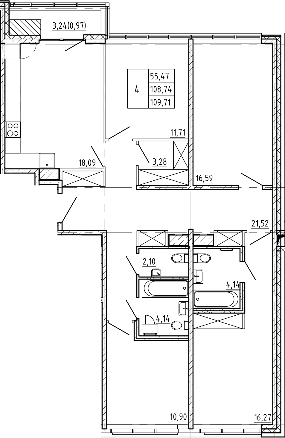 4-комнатная квартира 109.71 м², 8/9 эт., ЖК «Регенбоген»