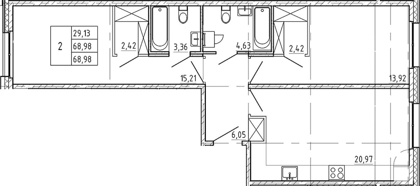 2-комнатная квартира 68.98 м², 1/9 эт., ЖК «Регенбоген»