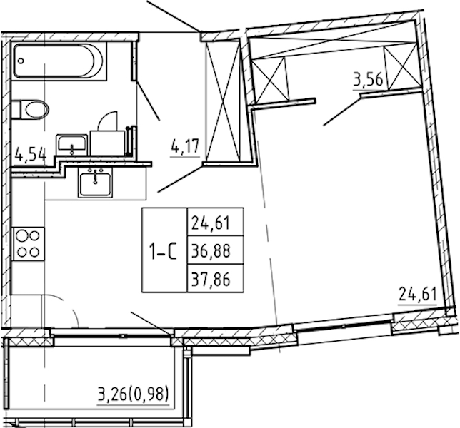 Квартира студия 37.86 м², 2/9 эт., ЖК «Регенбоген»