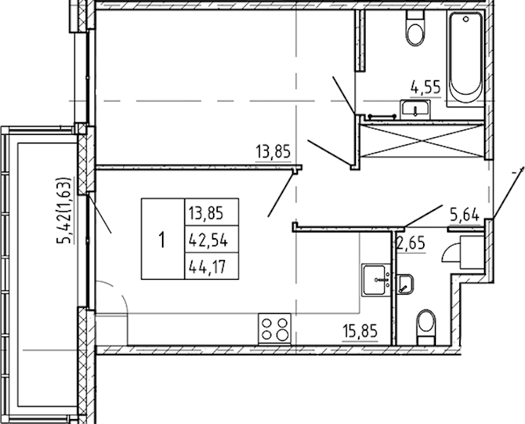 1-комнатная квартира 44.17 м², 2/9 эт., ЖК «Регенбоген»