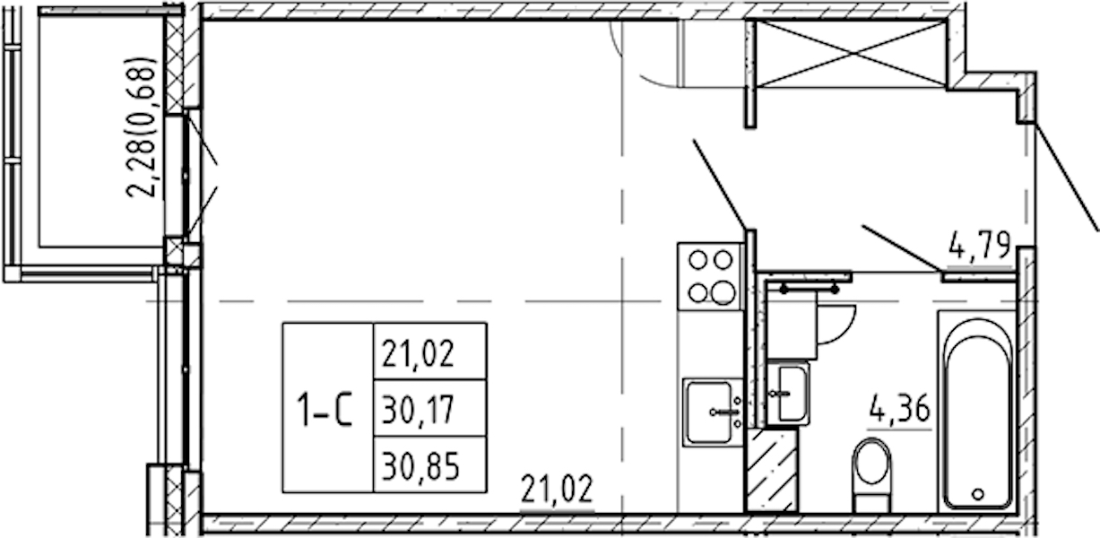 Квартира студия 30.85 м², 2/9 эт., ЖК «Регенбоген»