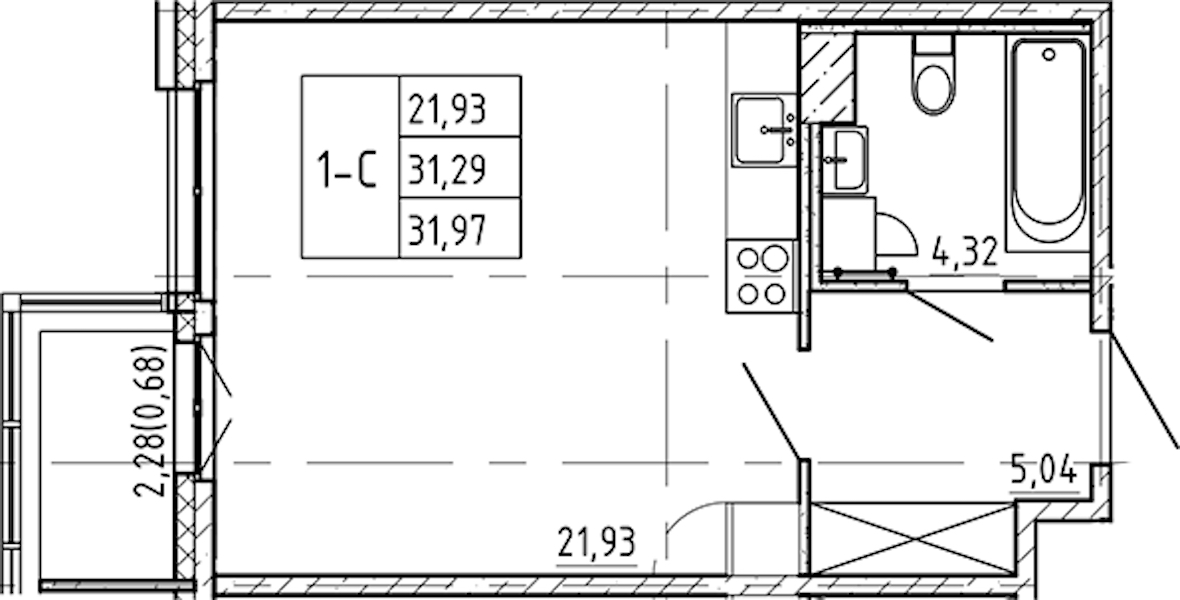 Квартира студия 31.97 м², 2/9 эт., ЖК «Регенбоген»