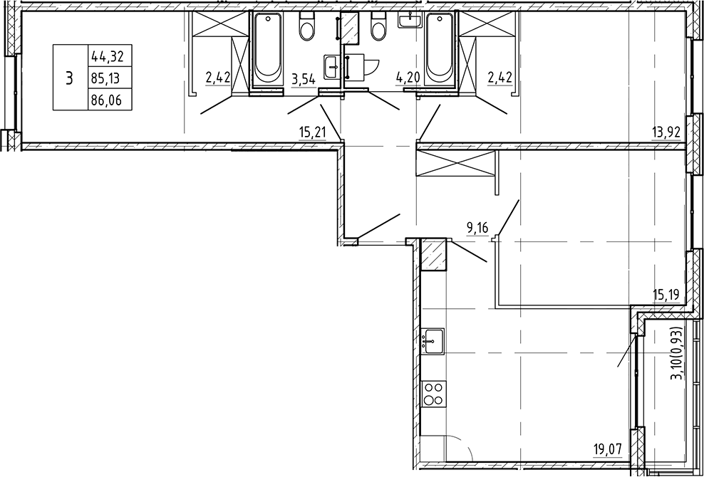 3-комнатная квартира 86.06 м², 2/9 эт., ЖК «Регенбоген»