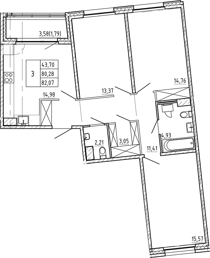 3-комнатная квартира 82.07 м², 3/9 эт., ЖК «Регенбоген»