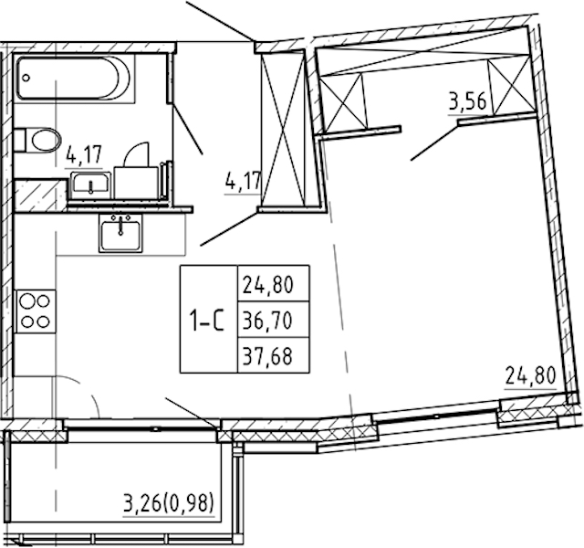 Квартира студия 37.68 м², 3/9 эт., ЖК «Регенбоген»