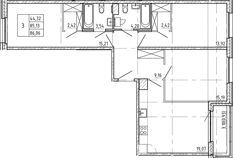 3-комнатная квартира 86.06 м², 3/9 эт., ЖК «Регенбоген»
