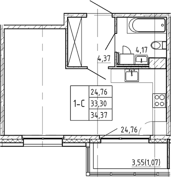 Квартира студия 34.37 м², 4/9 эт., ЖК «Регенбоген»