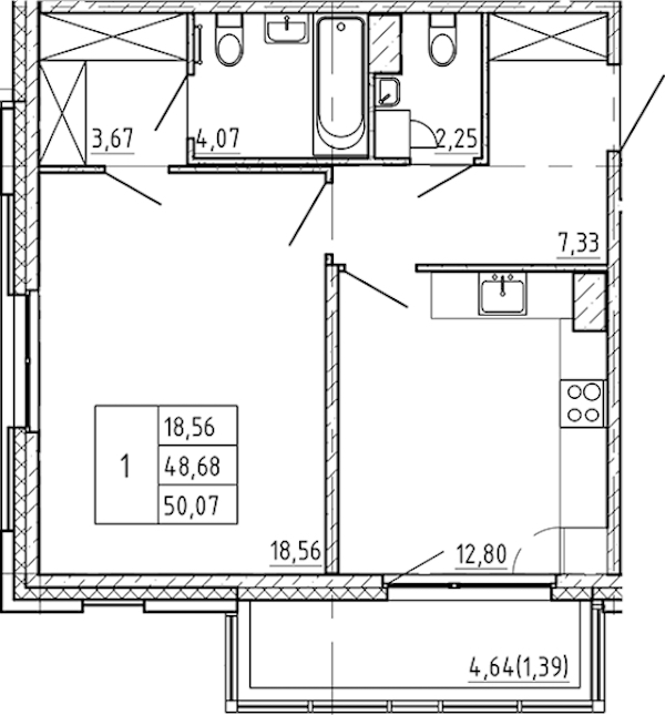 1-комнатная квартира 50.07 м², 4/9 эт., ЖК «Регенбоген»