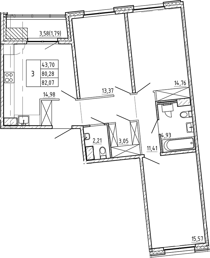 3-комнатная квартира 82.07 м², 6/9 эт., ЖК «Регенбоген»