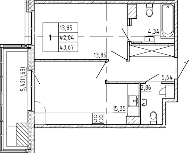 1-комнатная квартира 43.67 м², 6/9 эт., ЖК «Регенбоген»