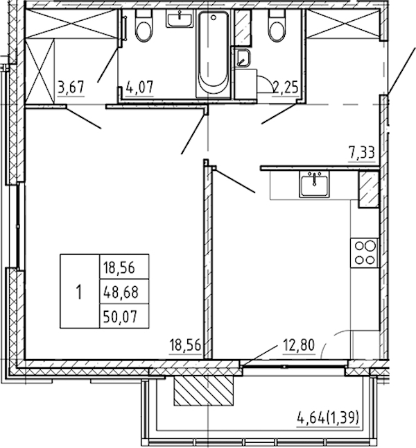1-комнатная квартира 50.07 м², 7/9 эт., ЖК «Регенбоген»