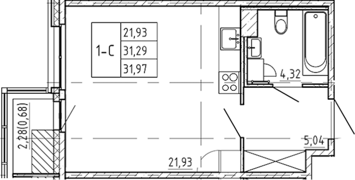Квартира студия 31.97 м², 7/9 эт., ЖК «Регенбоген»