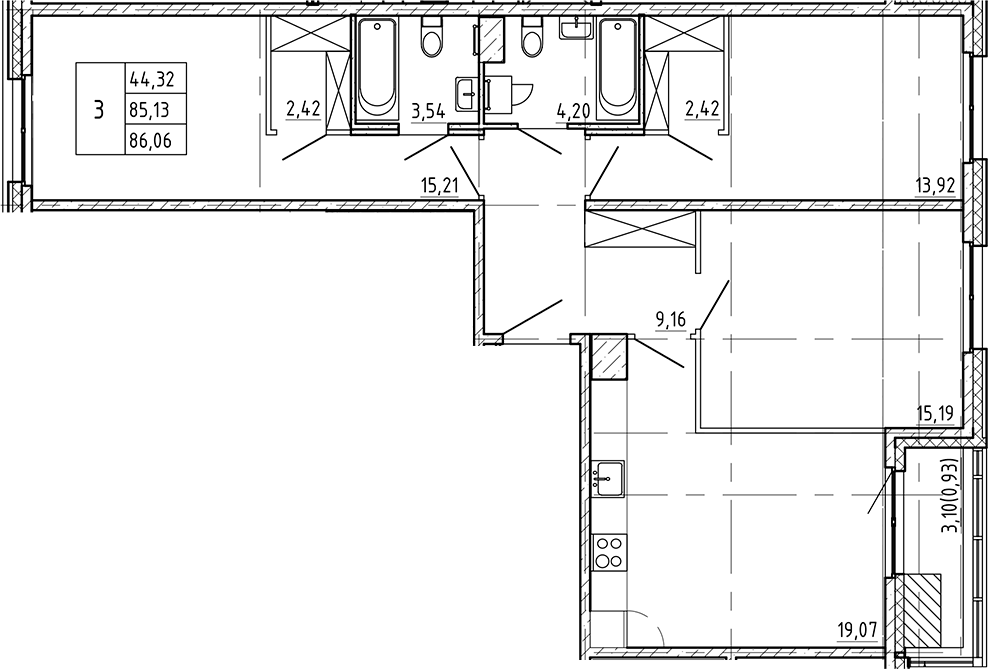 3-комнатная квартира 86.06 м², 7/9 эт., ЖК «Регенбоген»