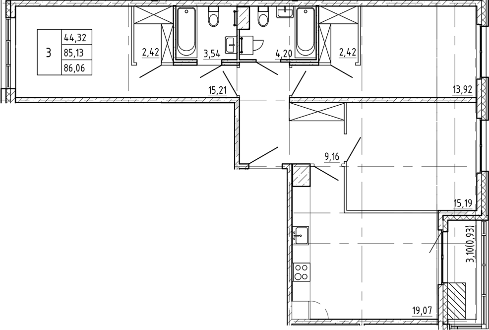 3-комнатная квартира 86.06 м², 8/9 эт., ЖК «Регенбоген»