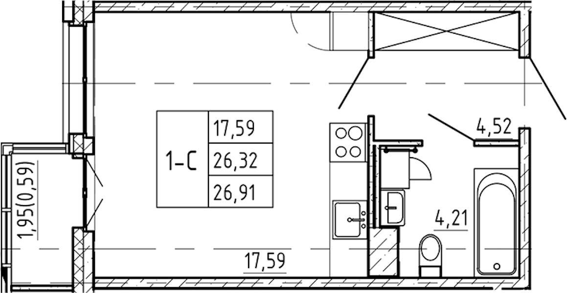 Квартира студия 26.91 м², 3/9 эт., ЖК «Регенбоген»