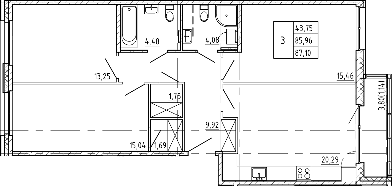 3-комнатная квартира 87.1 м², 3/9 эт., ЖК «Регенбоген»