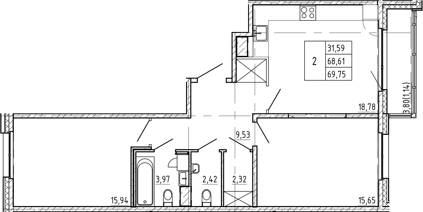 2-комнатная квартира 69.75 м², 4/9 эт., ЖК «Регенбоген»
