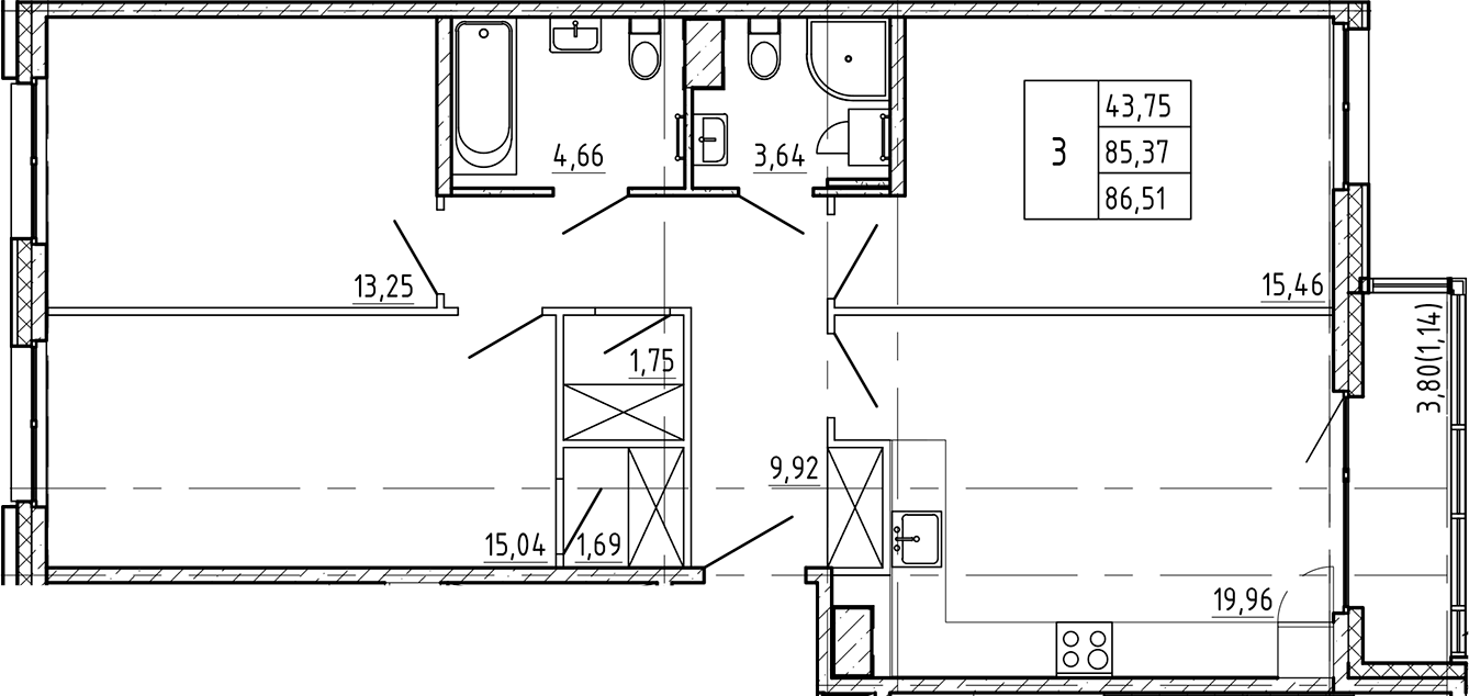3-комнатная квартира 86.51 м², 4/9 эт., ЖК «Регенбоген»