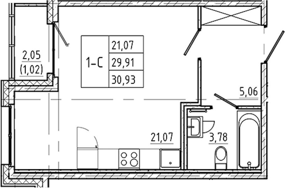 Квартира студия 30.93 м², 2/9 эт., ЖК «Регенбоген»