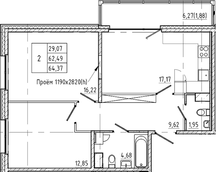2-комнатная квартира 64.37 м², 3/9 эт., ЖК «Регенбоген»