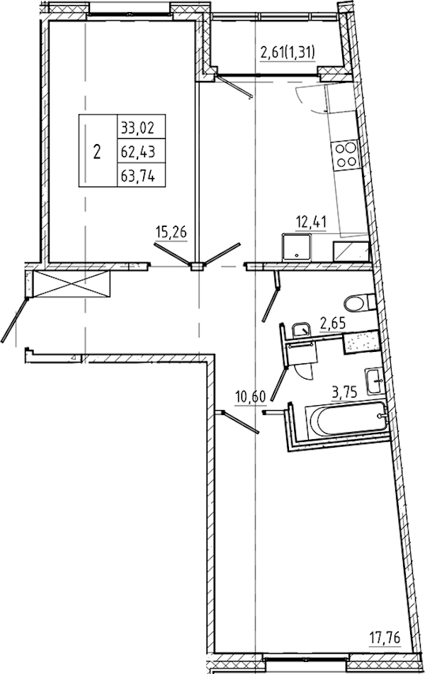 2-комнатная квартира 63.74 м², 4/9 эт., ЖК «Регенбоген»
