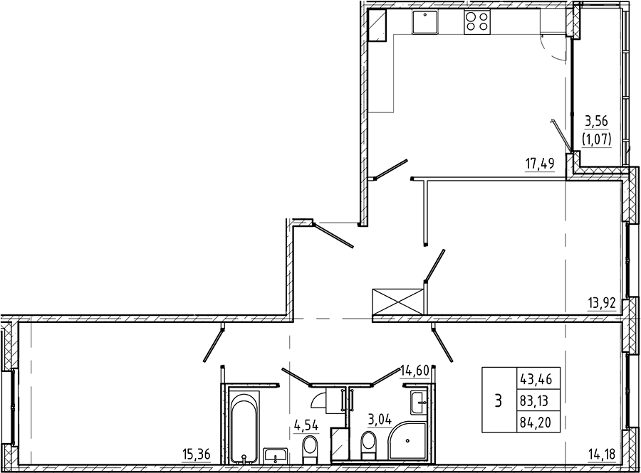 3-комнатная квартира 84.2 м², 5/9 эт., ЖК «Регенбоген»